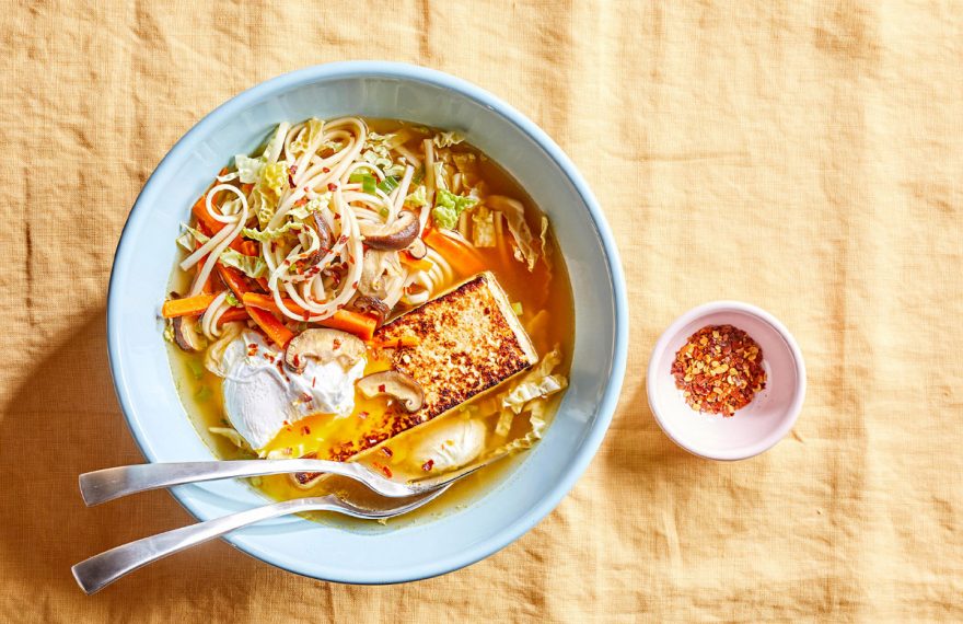 Noodle Bowl with Tofu and Poached Eggs