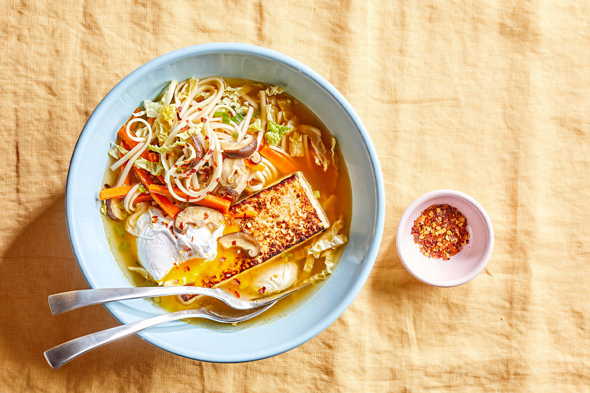 Noodle Bowl with Tofu and Poached Eggs